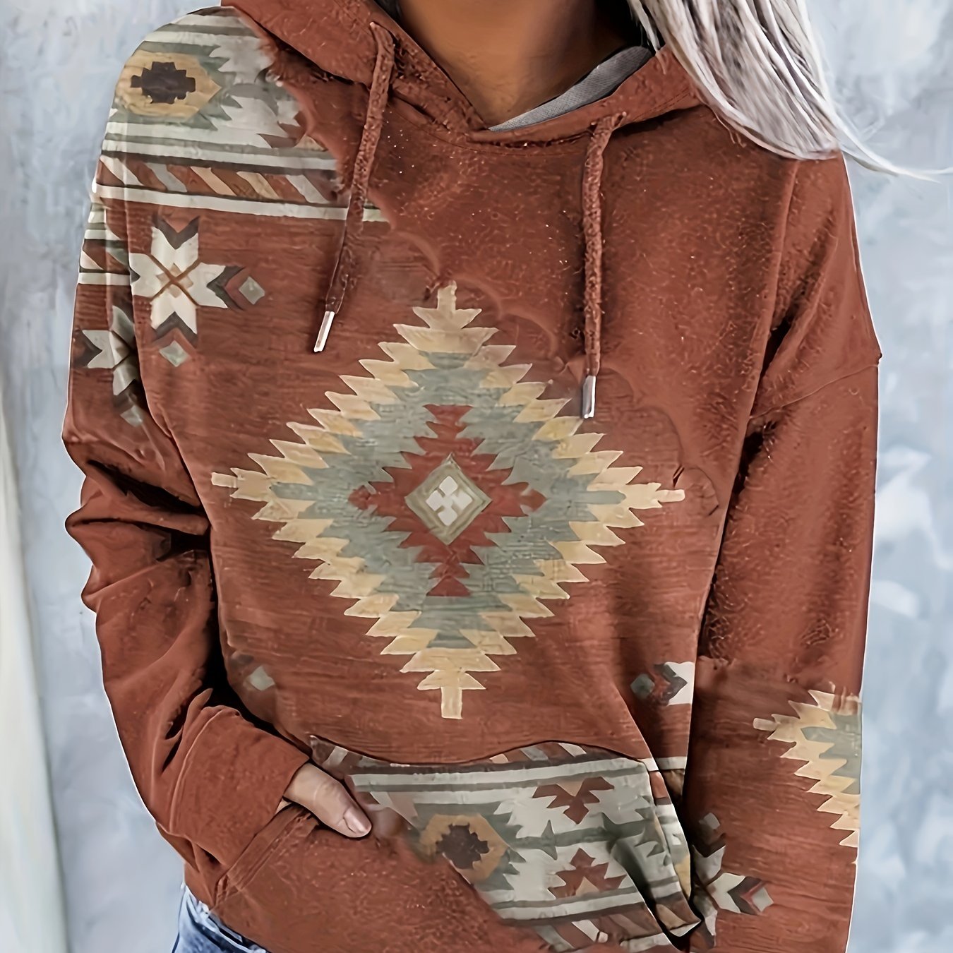 Aztec Print Kangaroo Pocket Hoodie – Women’s Casual Vintage Long Sleeve Sweatshirt