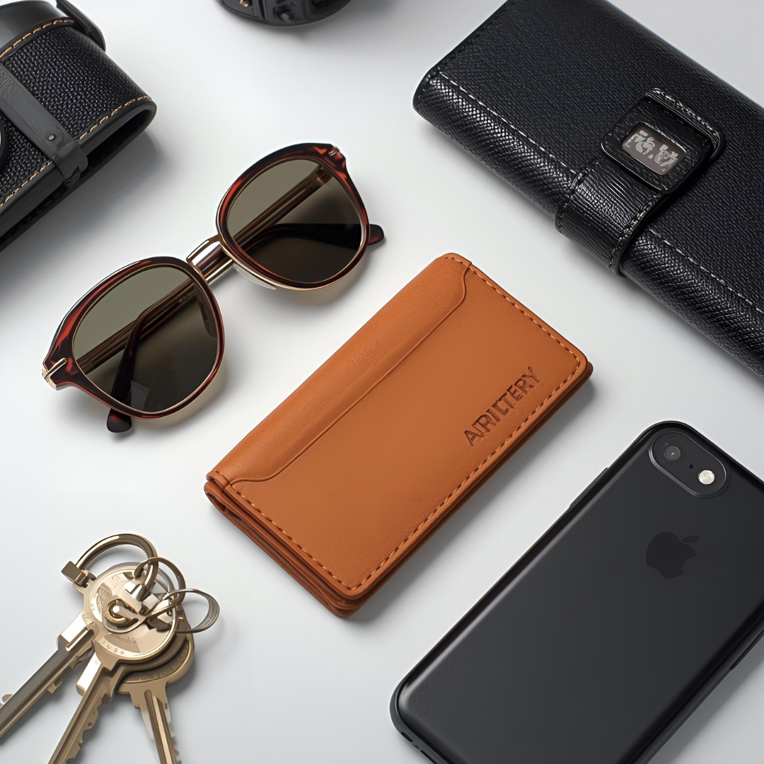 Flat lay of stylish accessories including a leather wallet, sunglasses, smartphone, and keys on a white surface.