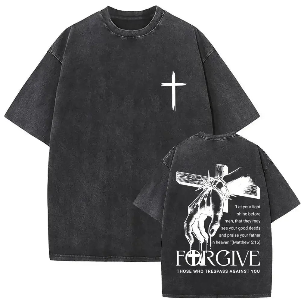 “Forgive Them Father” Vintage Washed Christian Graphic T-Shirt – Men’s Casual Streetwear Tee