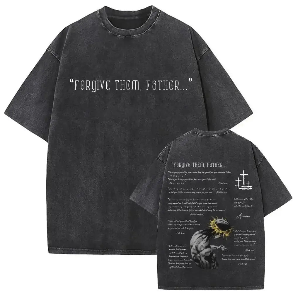 “Forgive Them Father” Vintage Washed Christian Graphic T-Shirt – Men’s Casual Streetwear Tee