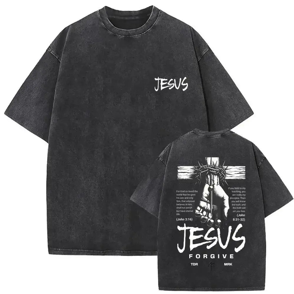“Forgive Them Father” Vintage Washed Christian Graphic T-Shirt – Men’s Casual Streetwear Tee
