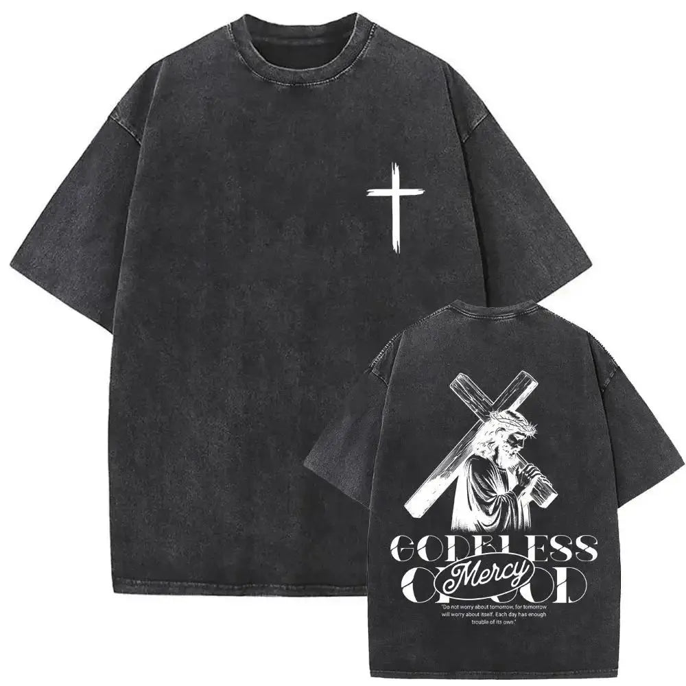 “Forgive Them Father” Vintage Washed Christian Graphic T-Shirt – Men’s Casual Streetwear Tee