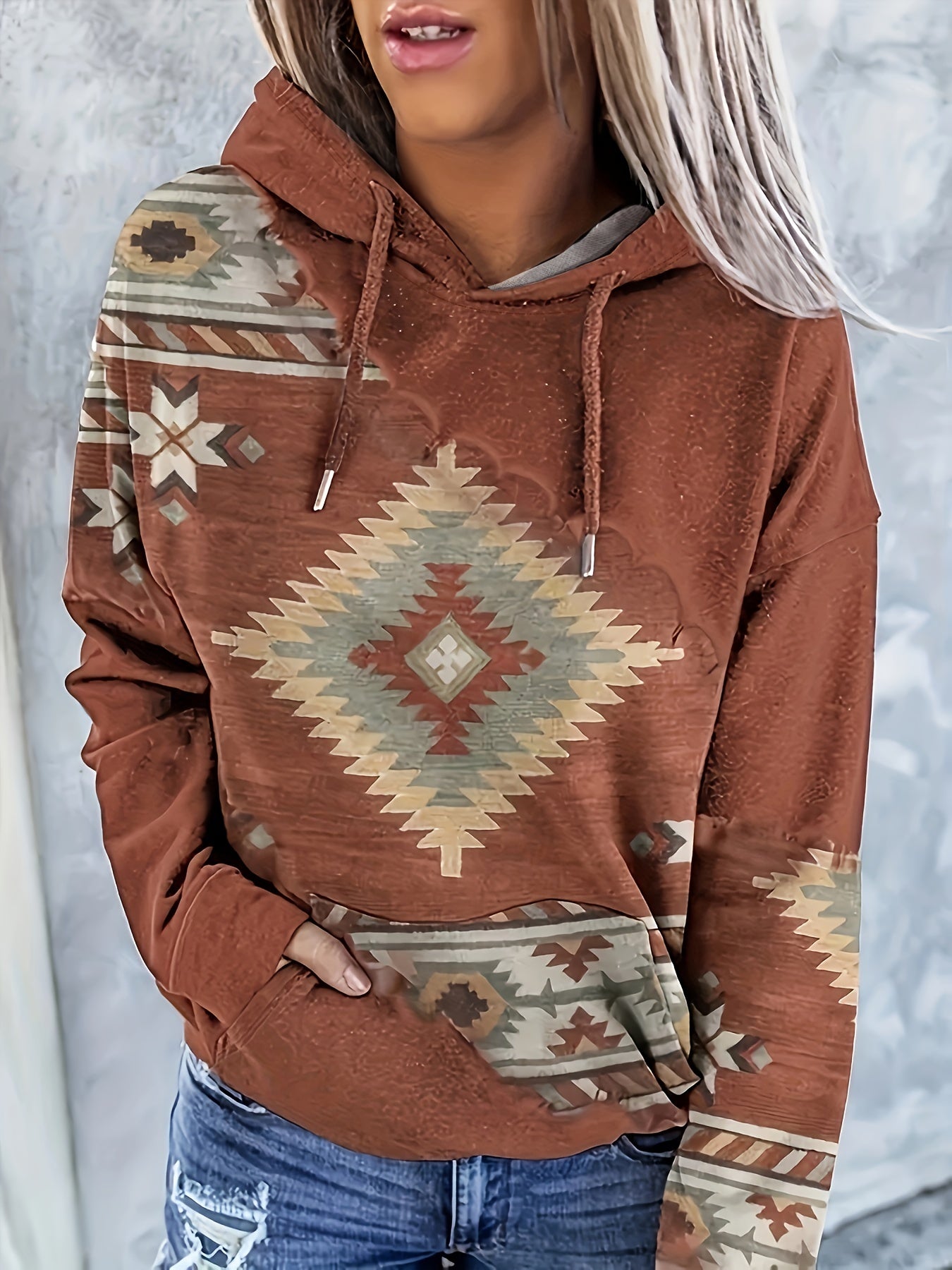 Aztec Print Kangaroo Pocket Hoodie – Women’s Casual Vintage Long Sleeve Sweatshirt